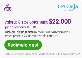 Valoración de optometría 22.000 pesos (precio normal 33.000 pesos). 10% de descuento en monturas seleccionadas, lentes propios avista y lentes de contacto. Redímelo aquí