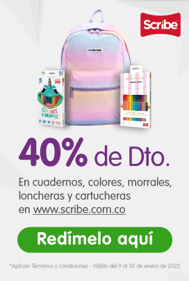 40% de descuento en cuadernos, colores, morrales y loncheras en www.scribe.com.co redímelos aquí